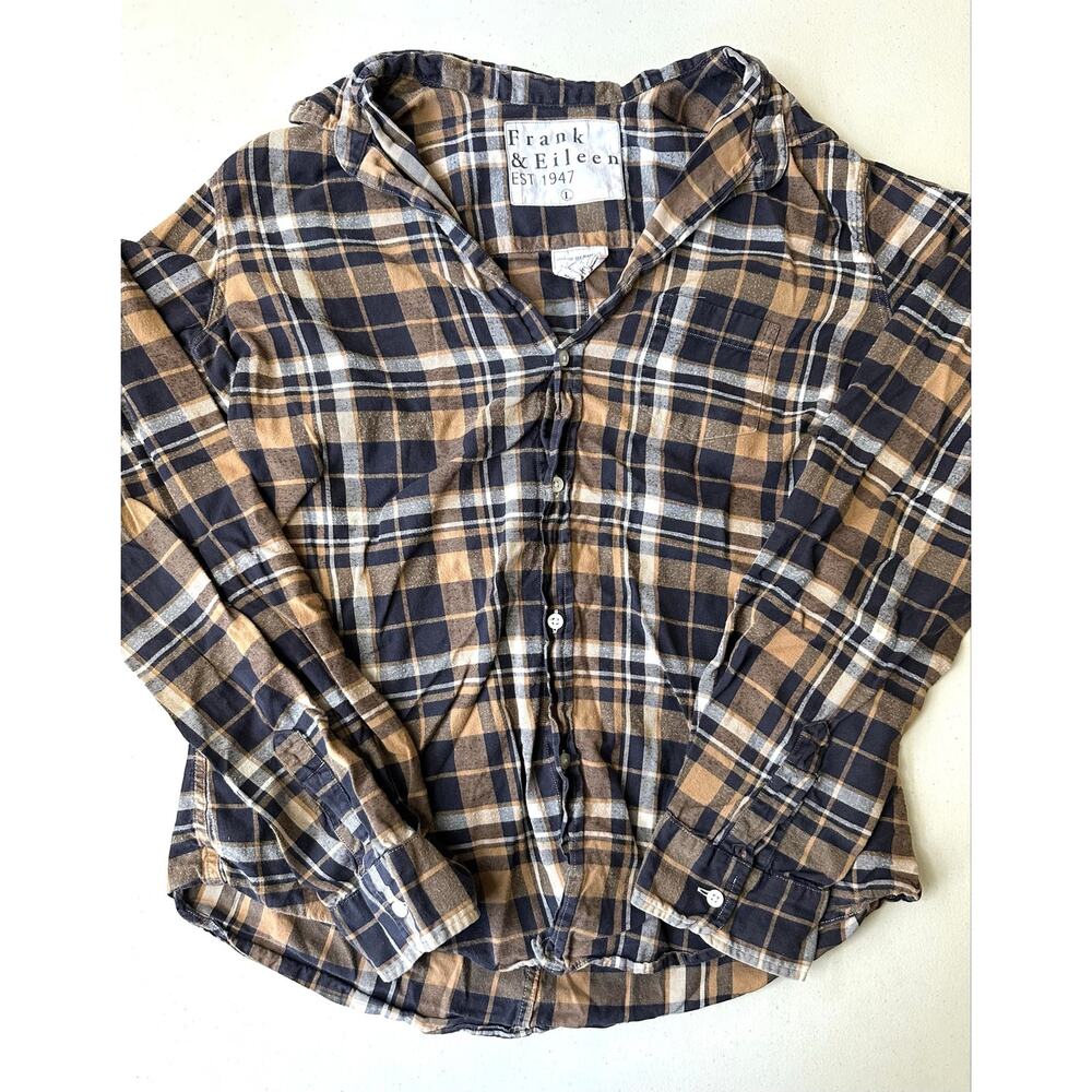Frank & Eileen Flannel Shirt Large L Brown Camel Black Plaid Button Up Cotton